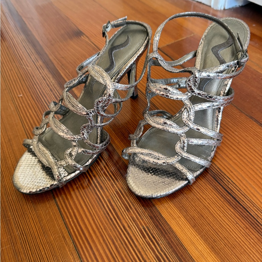 Metallic Silver Strappy High Heel Sandals
